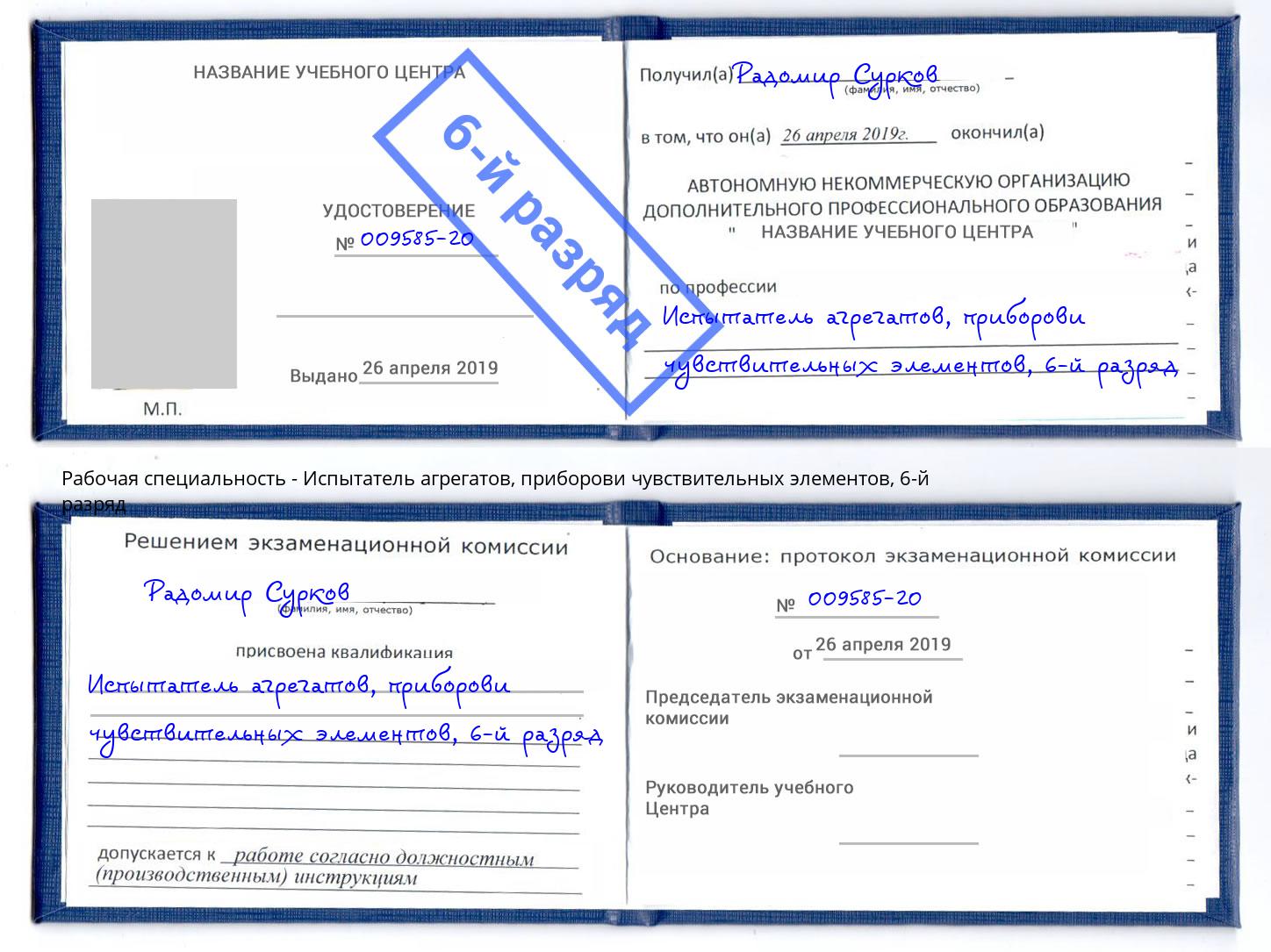 корочка 6-й разряд Испытатель агрегатов, приборови чувствительных элементов Кстово