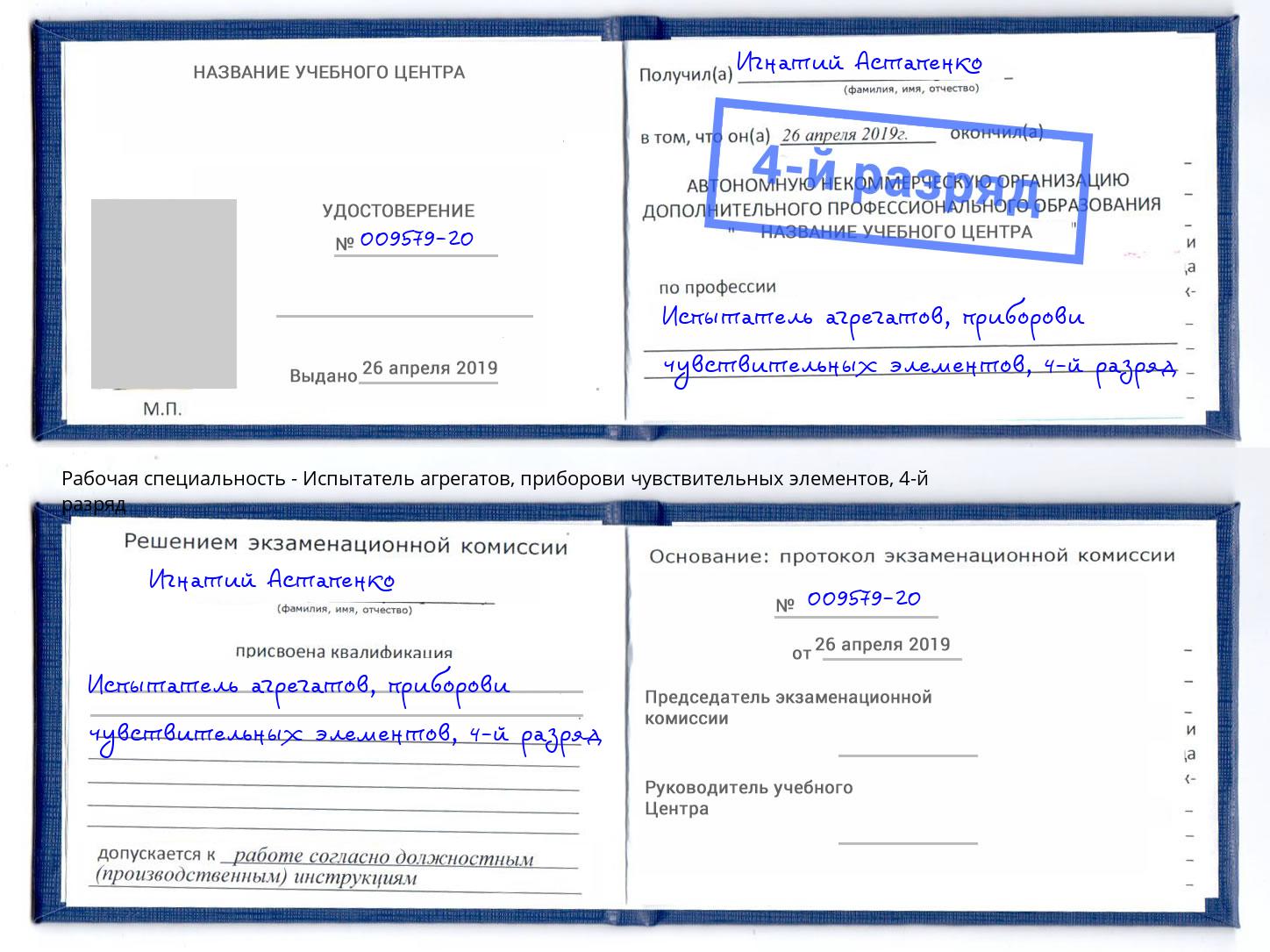 корочка 4-й разряд Испытатель агрегатов, приборови чувствительных элементов Кстово