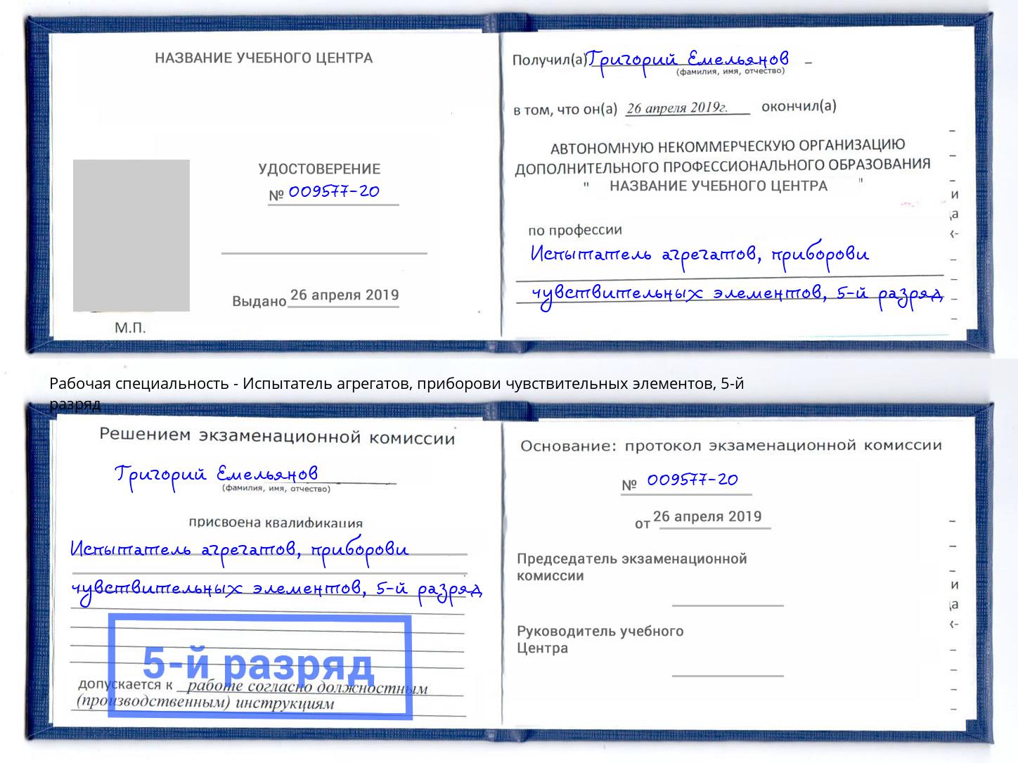 корочка 5-й разряд Испытатель агрегатов, приборови чувствительных элементов Кстово