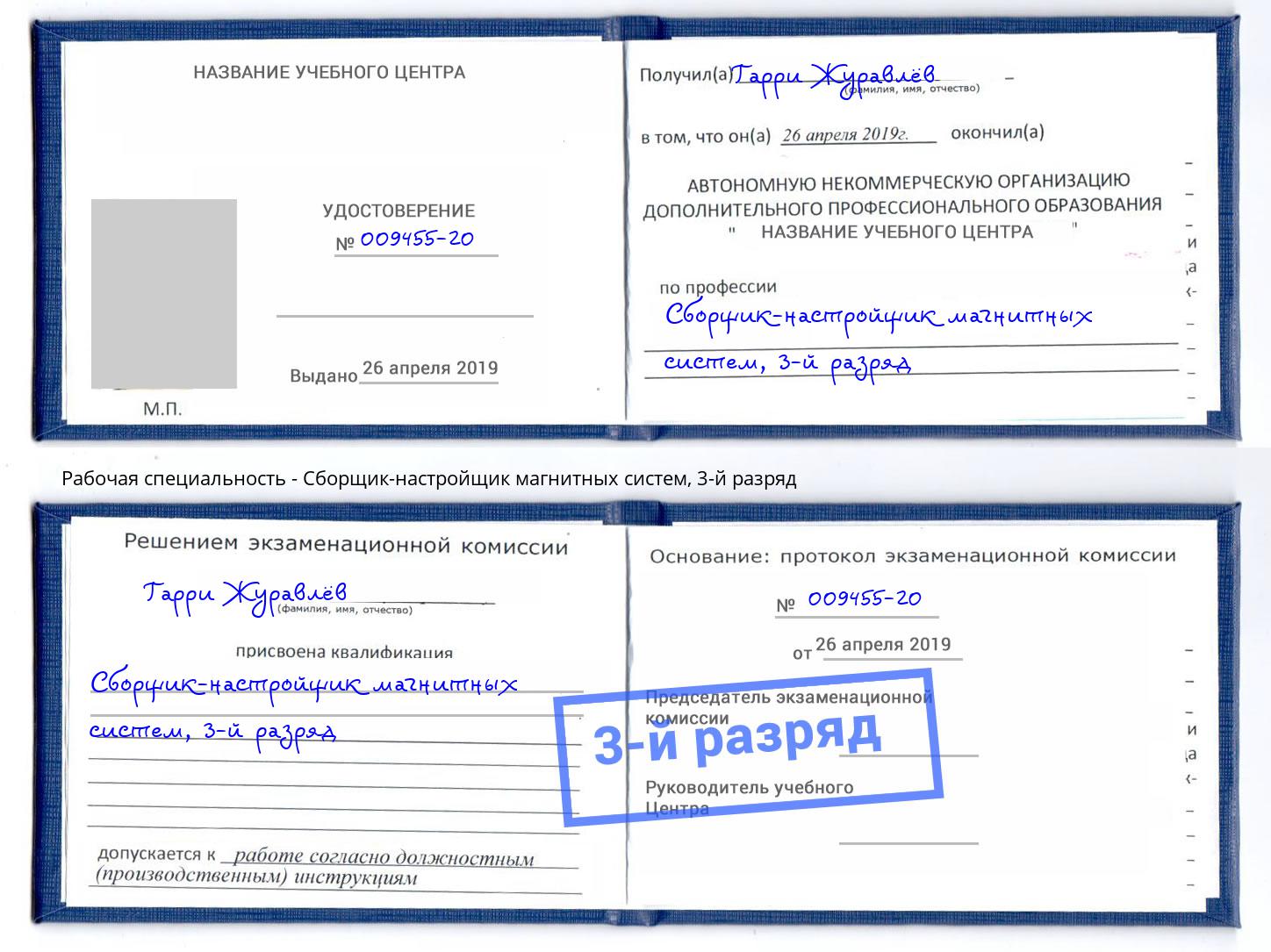 корочка 3-й разряд Сборщик-настройщик магнитных систем Кстово