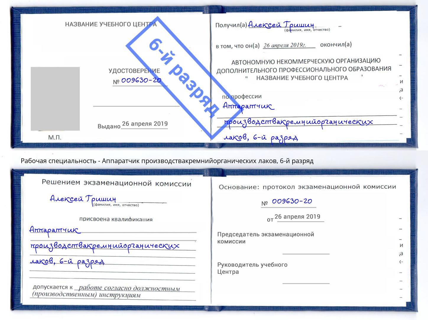 корочка 6-й разряд Аппаратчик производствакремнийорганических лаков Кстово