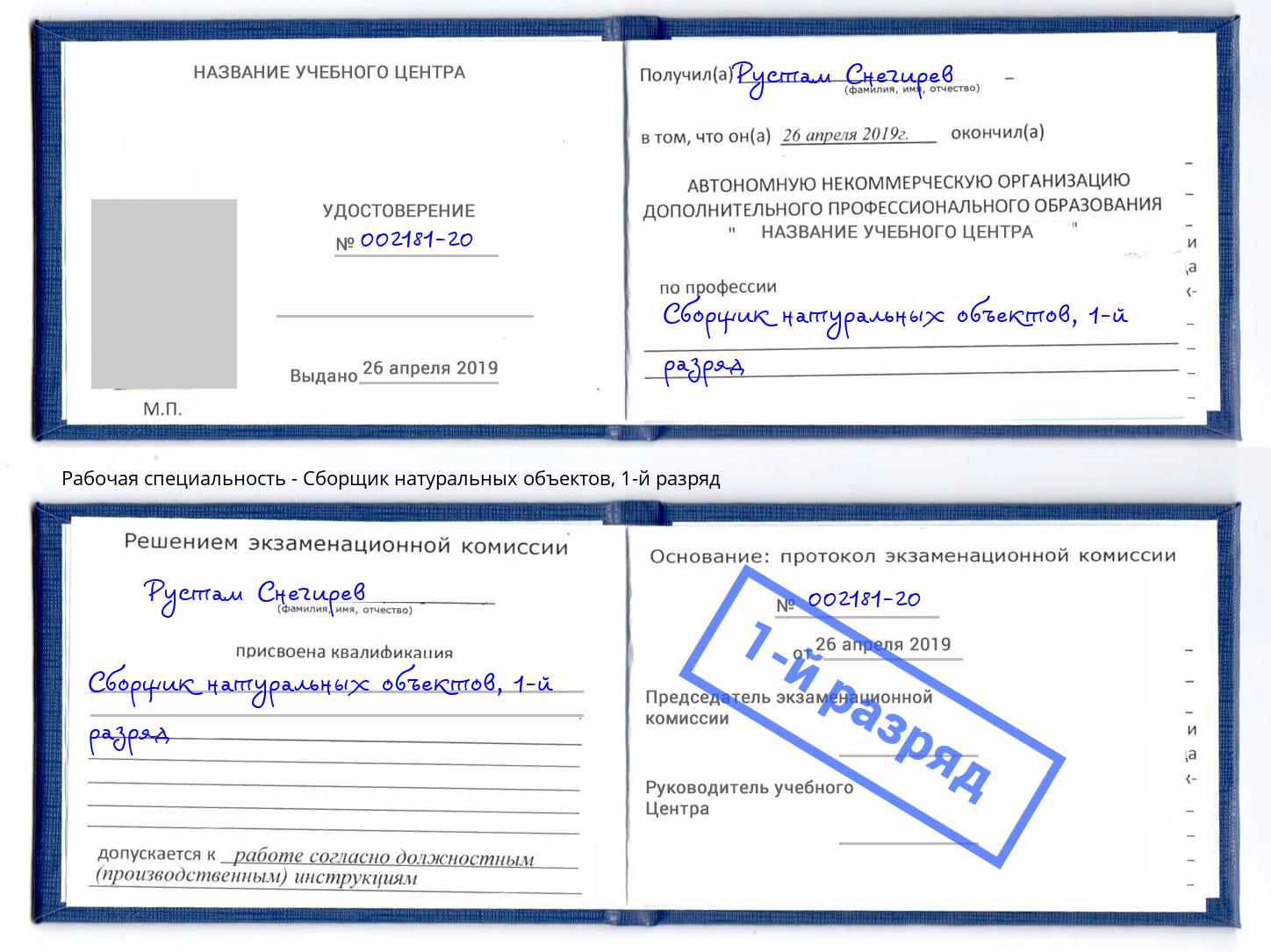 корочка 1-й разряд Сборщик натуральных объектов Кстово