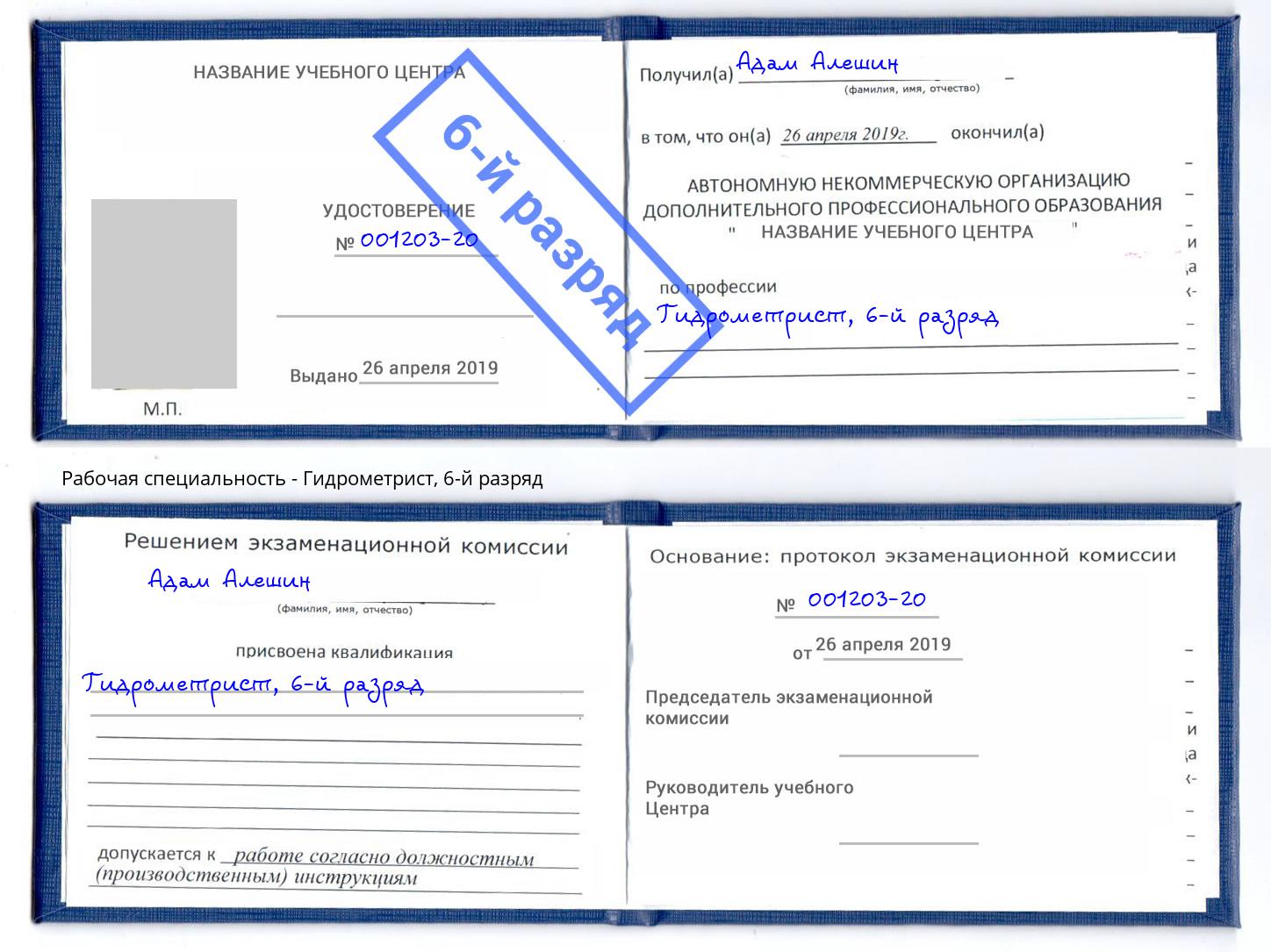корочка 6-й разряд Гидрометрист Кстово