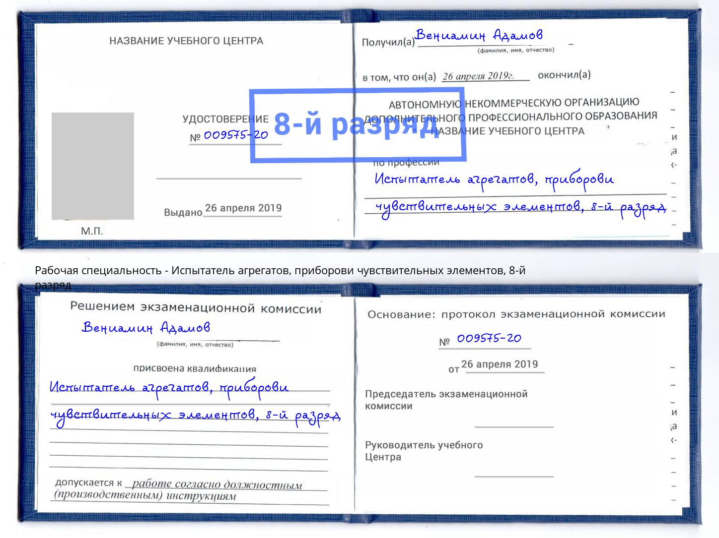корочка 8-й разряд Испытатель агрегатов, приборови чувствительных элементов Кстово